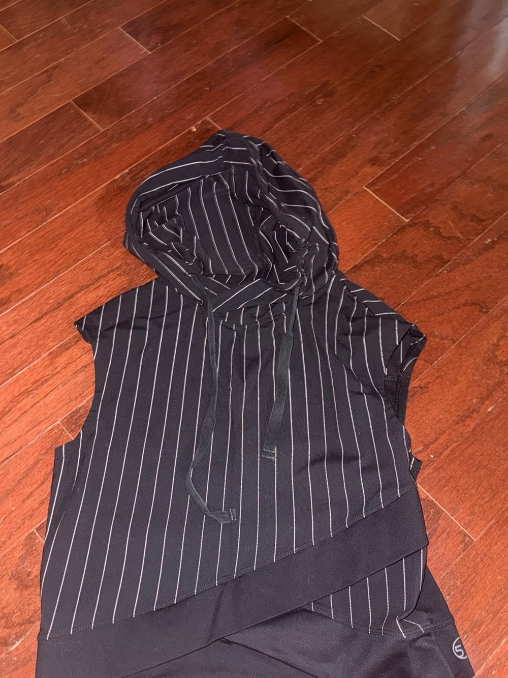 Sleeveless Black Pinstripe Hooded Top
